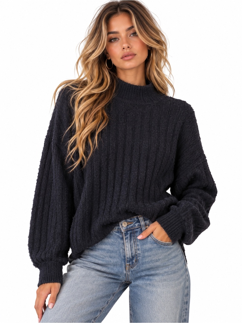 Jessica Simpson Black Cozy Ribbed Mock Neck Sweater Women’s Large Oversized Knit